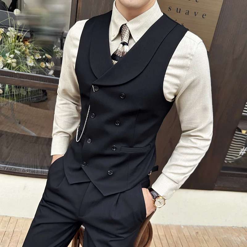 High Quality Autumn Double Breasted Suit Vest Men Business Formal Sleeveless Vest Slim Fit Wedding Groom Banquet Party Waistcoat 3