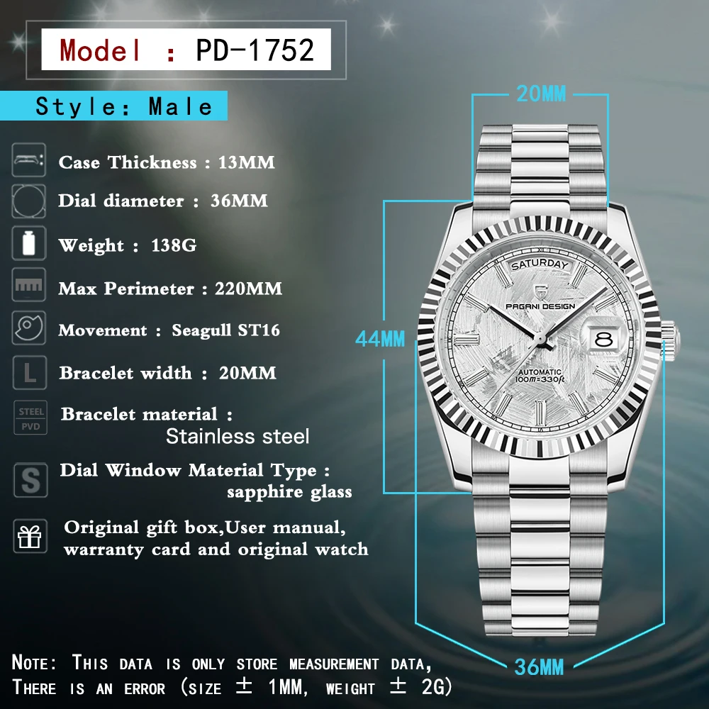 PAGANI DESIGN Men's Automatic Watch Luxury Mechanical Watch Stainless Steel Waterproof Wristwatch AR sapphire Mirror