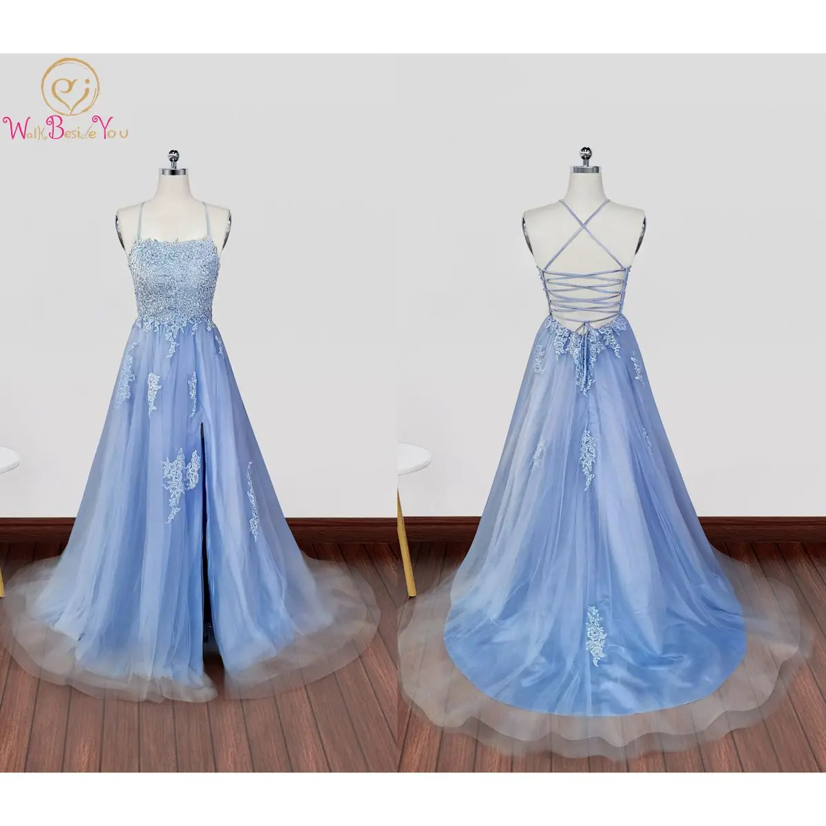 

Blue Tulle Lace Applique Evening Dresses 2023 Elegant Spaghett Strap Front Slit Women's Party Graduation Dresses Custom made