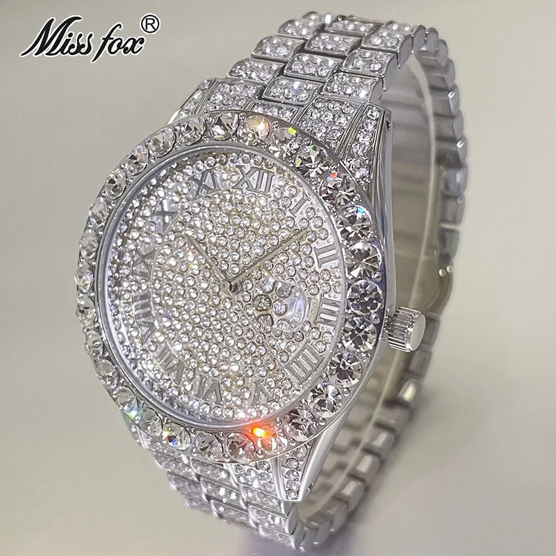 

Hot Hip Hop Iced Out Watch for Mens Brand MISSFOX Fashion Bling Quartz Clocks Luxury Full Diamond Wrist Watches Man Reloj Hombre