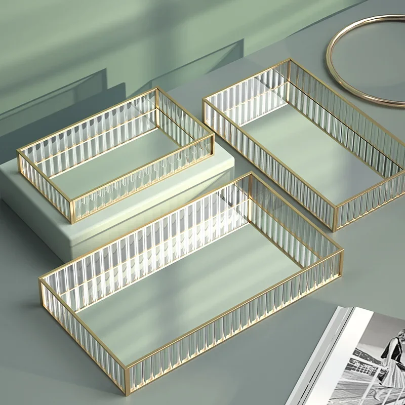 Makeup Storage Tray Glass Transparent Cosmetic Organizer Metal Perfume Lipstick Stand Rectangle Dresser Decoration Tray for Home