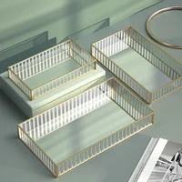 Makeup Storage Tray Glass Transparent Cosmetic Organizer Metal Perfume Lipstick Stand Rectangle Dresser Decoration Tray for Home 1