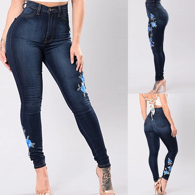 2023 cintura alta tornozelo-comprimento denim calças femininas plus size  bordado alta elástica tubo reto jeans apertados - AliExpress