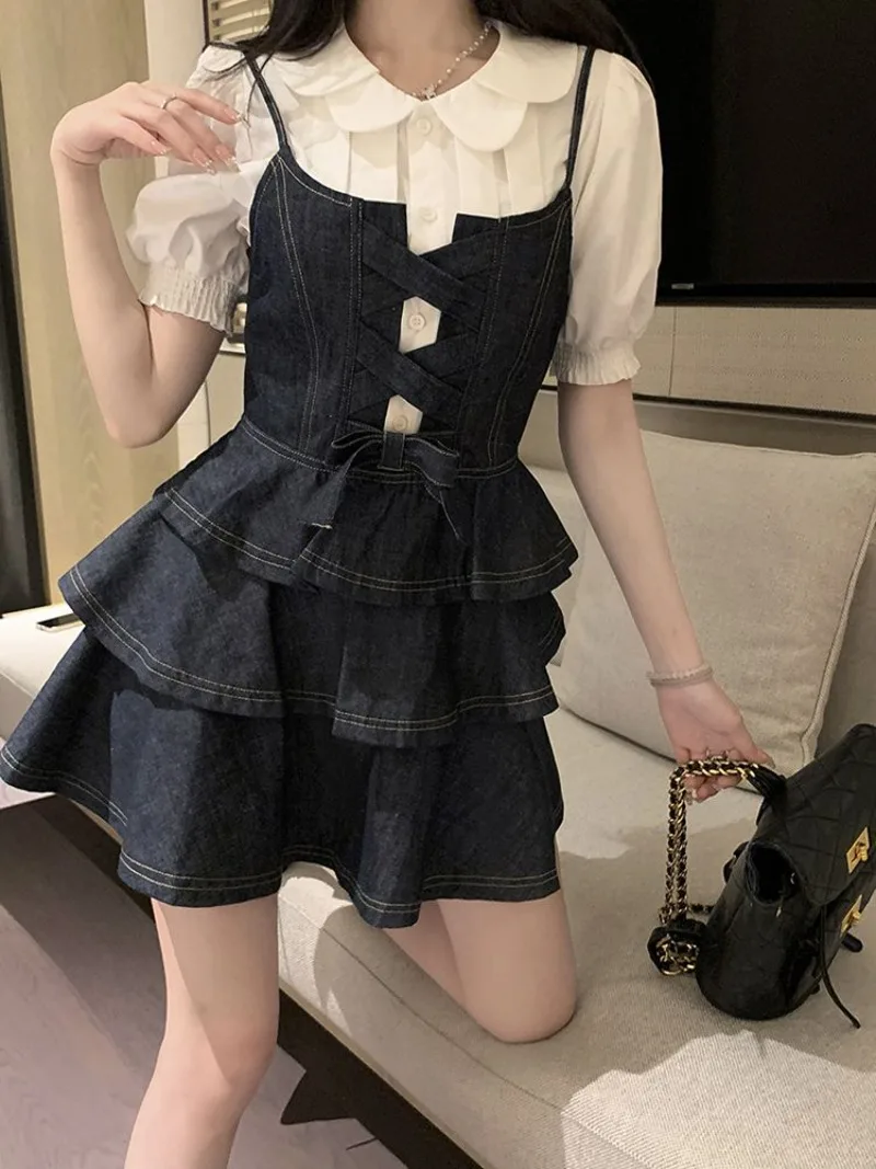 

French Doll Shirt Denim Suspender Cake Dress Two-piece Set Women Hollow Out Cross Bow Splice Sweet College Slim Spring Girl Suit