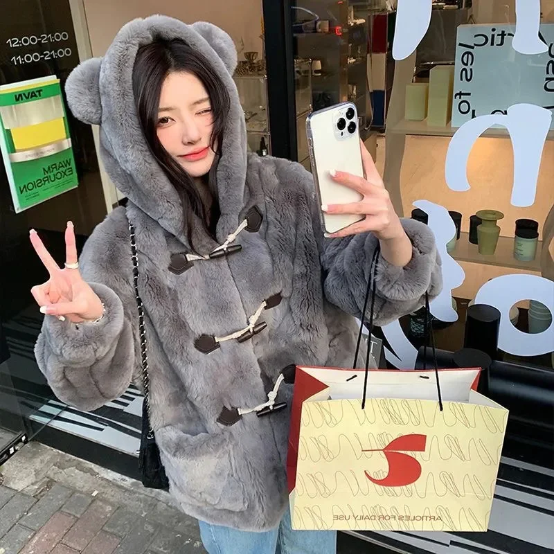 Autumn/Winter 2023 New Style Otter Rabbit Hair Cute Coat Female Cow Horn Button Fur Coat Cat's Ears Steamed Cat-ear Shaped Bread