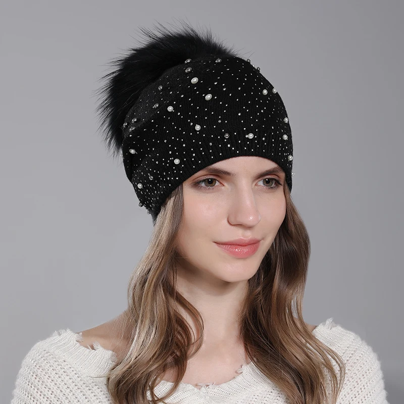 CNTANG Decorate Pearl Women Beanie Knitted Wool Hats Fashion Natural Raccoon Fur Pompom Hat Autumn Winter Warm Casual Ladies Cap 3