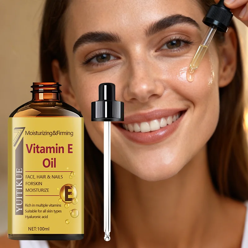 Vitamin E oil moisturizes and firms, rich in various vitamins and hyaluronic acid, suitable for all skin types.