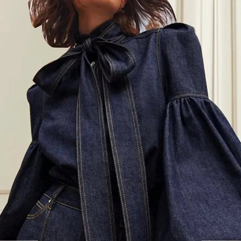 Chic Denim Lace Up Women‘s Shirt Fashion Loose Turn-down Collar Long Sleeve Female Shirts 2024 Sping Pocket Office Lady Top
