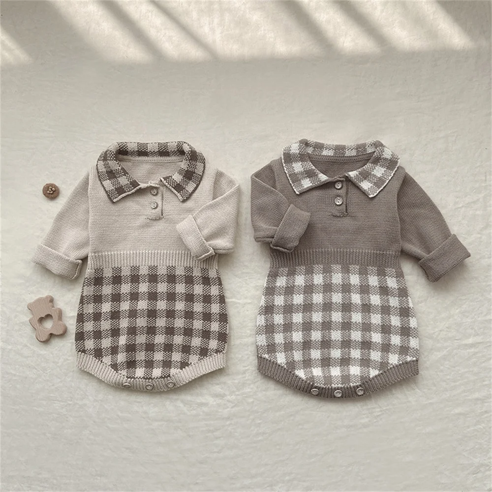 

England Style Baby Petal Collar Plaid Knit Bodysuit Apricot/khaki Infant Boys Romper Full Sleeve Newborn Spring Fall Clothes