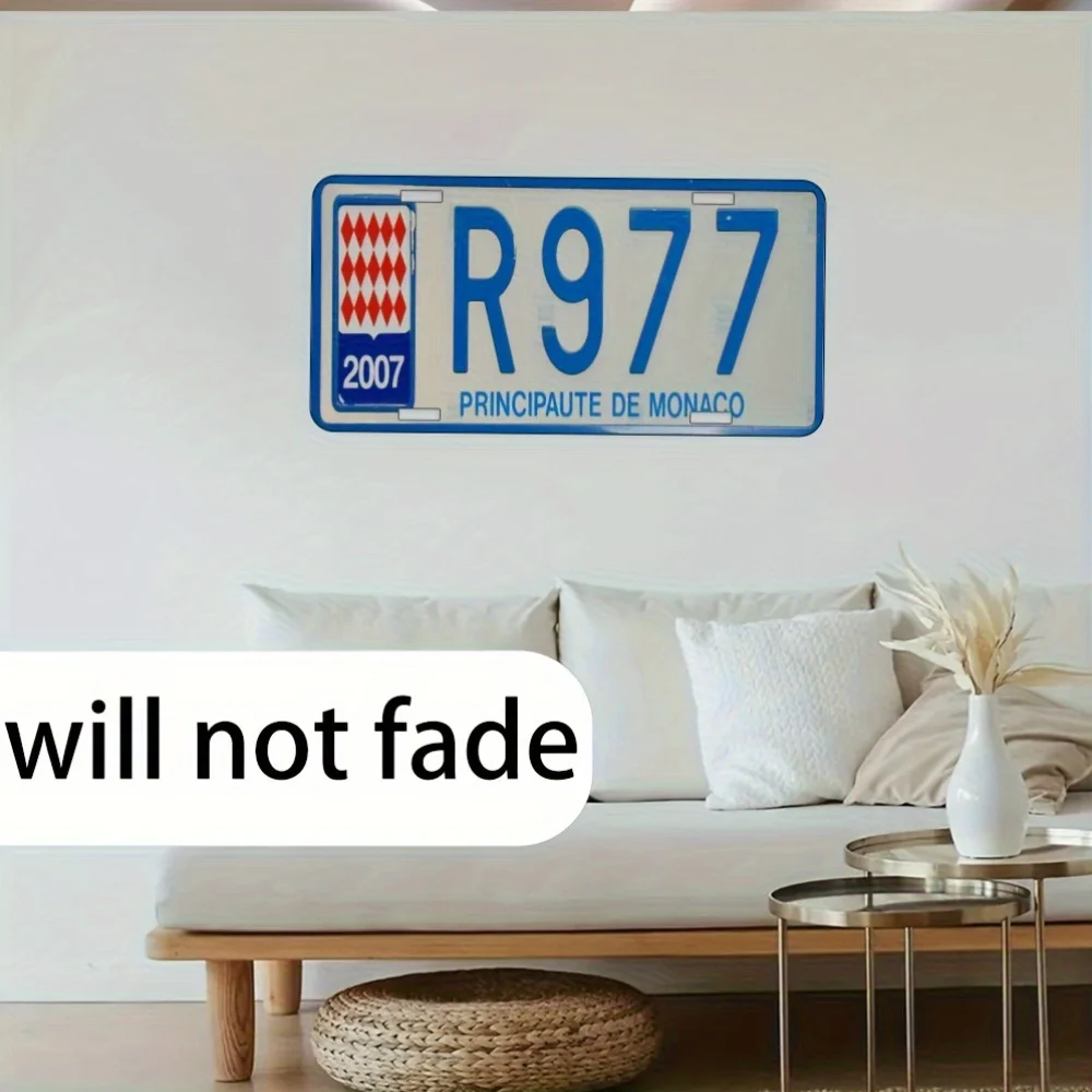 빈티지 모나코 R977 번호판 - 견고한 금속 구조 - 빨간색 및 흰색 체크 무늬 복고풍 자동차 장식 - 대형 - 차고,