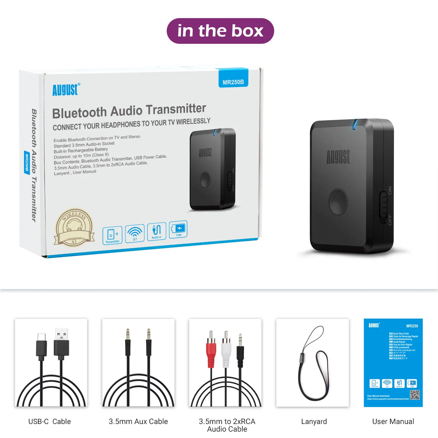 August MR250 Bluetooth Transmitter Bluetooth 5.2 and aptX Adapter for TV, Car Stereo With Rechargeable Battery USB-C Charging