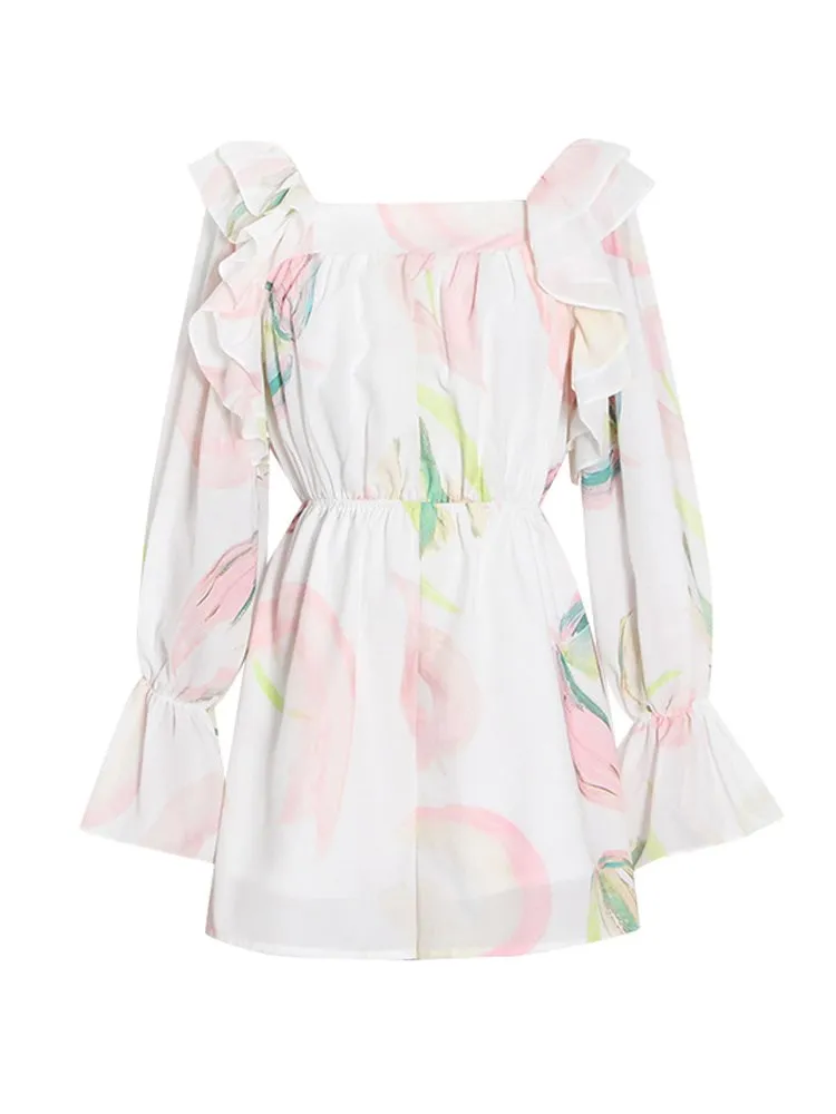 KBQ-Print Spliced Ruffles Playsuits for Women, Square Collar, Long Sleeve, High Waist,Casual Folds,Sheer Playsuits,Female Summer