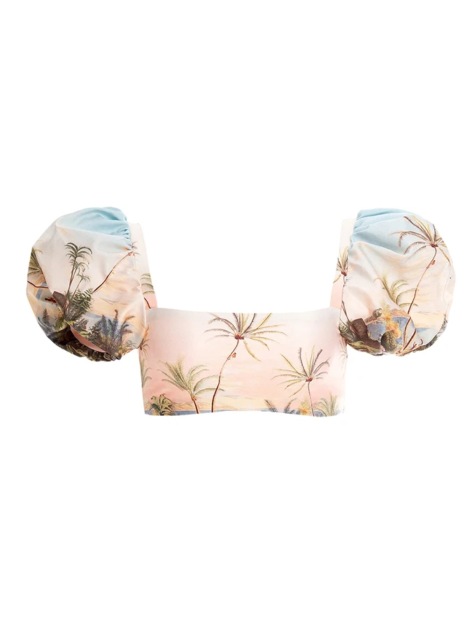 Fashion Sweet Retro Princess Sleeves Coconut Beach Scenery Print Holiday Casual Lace-up Design Tight Split Bikini Swimsuit Cover