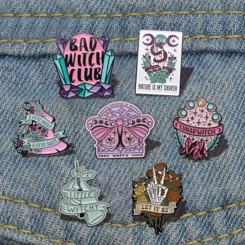 

Bad Witch Club Enamel Pin Custom Moon Phase Butterfly Skeleton Hat Brooch Lapel Badges Punk Gothic Jewelry Gift for Kids Friends