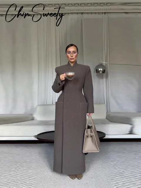 Manteau Long élégant pour femmes, col en v, couleur unie, Slim, simple boutonnage, taille fermée, veste dame, automne hiver 2021, Chic, Streetwear féminin 1