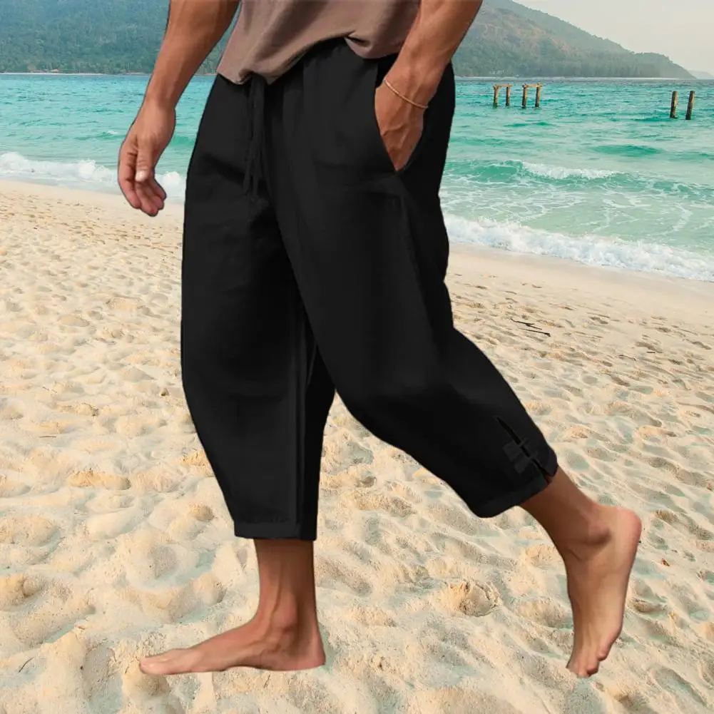 Description Picture 6 of itemBeach Slits Trousers Men's Summer Vacation Beach Trousers with Drawstring Elastic Waist Deep Crotch Loose Pockets for Comfort