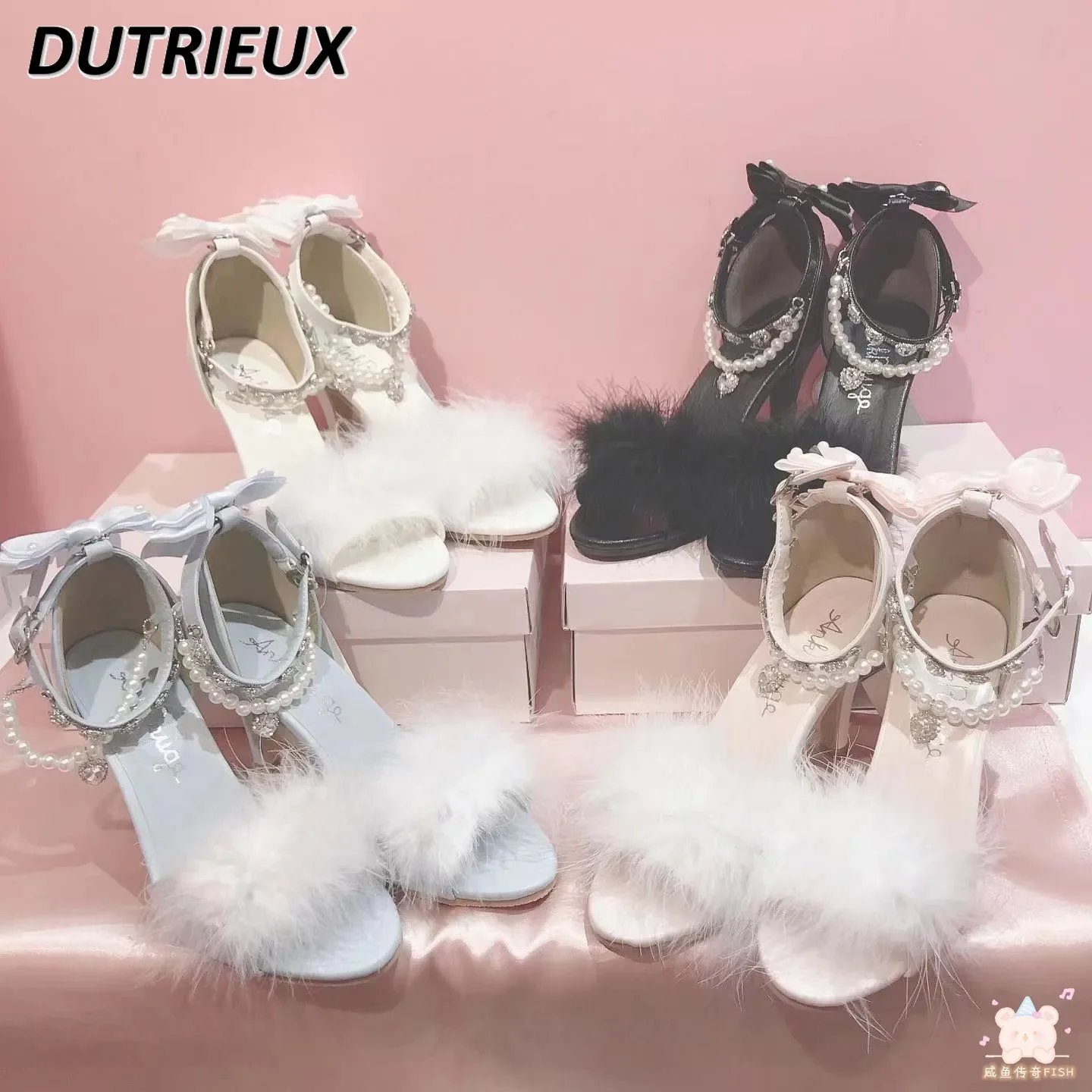 

Spring Autumn New Furry Pearl Bow Chain Heart Shape Rhinestone Sweet Kawaii Pumps Women's Shoes Mine Mass-Produced High Heels