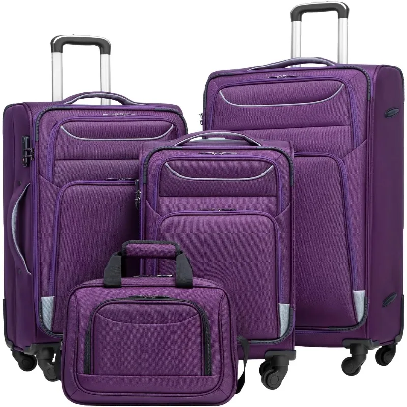 

Luggage 4 Piece Set Suitcase Spinner TSA Lock Softshell lightweight (purple+sliver)