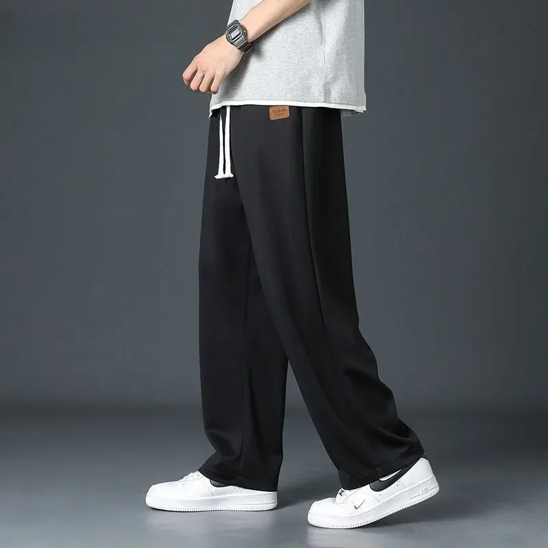 

New Summer Thin Ice Silk Patch Men's Wide Leg Pants Classic Boy Casual Loose Straight Cylinder Waist Drawstring Motion Trousers