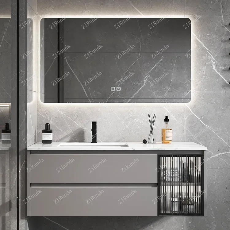 ~Light Luxury Bathroom Cabinet Bathroom Table Wash Basin Cabinet Combination Simple Modern Smart round Mirror
