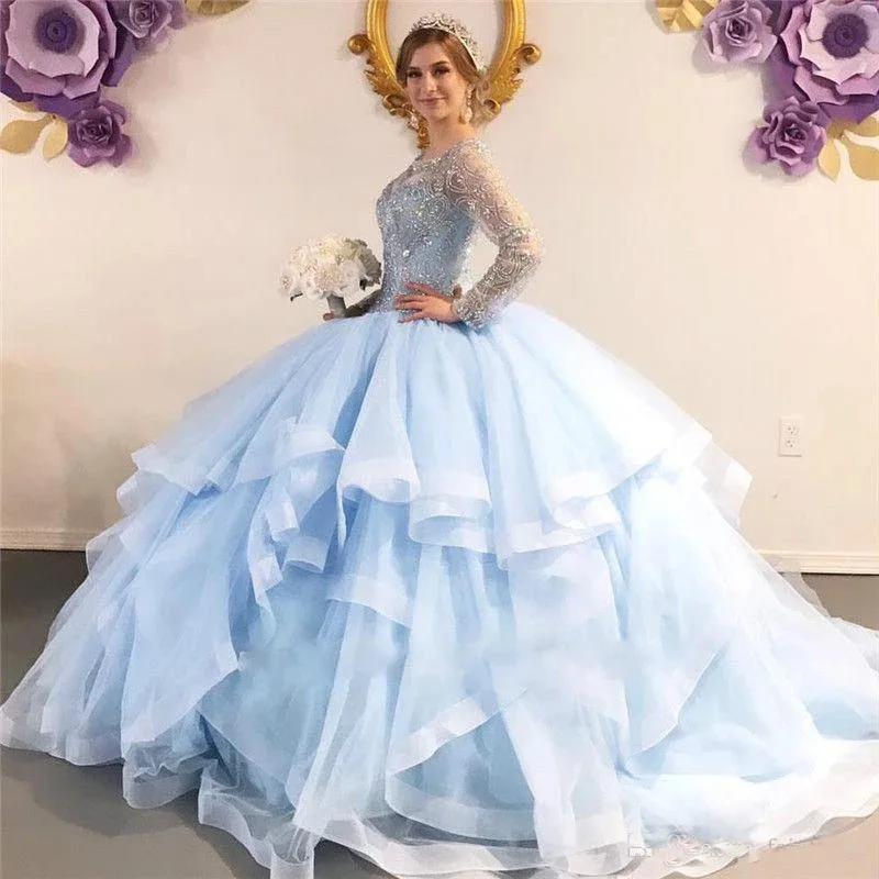 

Небесно-голубые бальные платья Quinceanera, женское Пышное милое платье с бисером, 16 платьев