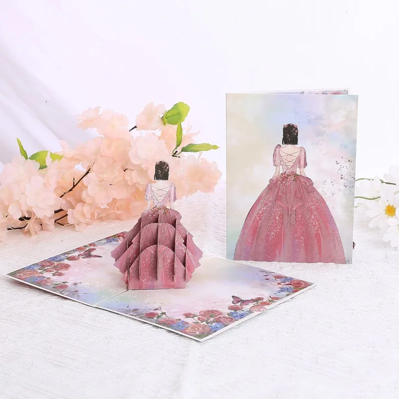 Pop up style Rose Girl Postcard Flower Greeting Card Wedding Invitation Card Princess Valentine's Day Confession 3D gift