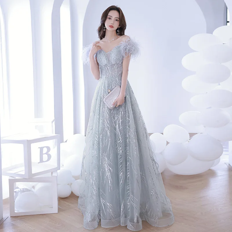 

Женское шифоновое вечернее платье-трапеция, элегантное платье с блестками и перьями, Бандажное платье с открытым плечом на спине, бальное платье чонсам