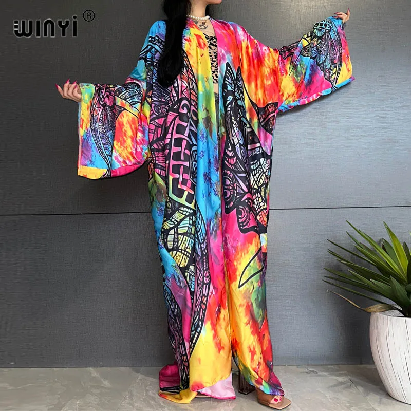 

2023 new WINYI Summer Butterfly printing Beach Wear Swim Suit elegant Africa women boho Cardigan sexy Holiday long Sleeve Kimono