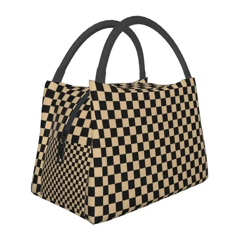 

Black And Tan Brown Checkerboard Insulated Lunch Bag for School Office Checkered Waterproof Thermal Cooler Bento Box Women