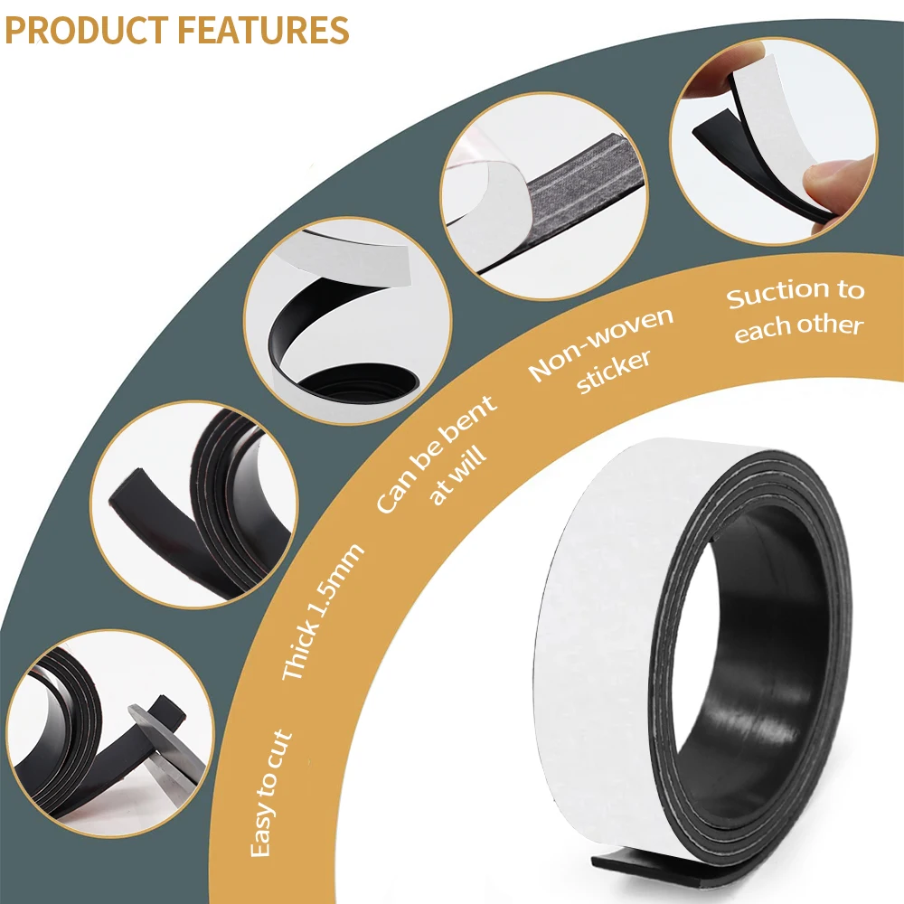 Adhesive Magnetic Tape 1Meter Self Adhesive Rubber Magnet Tape Strong Flexible Magnet Stripe for Refrigerator Photo Posters 39.37inch