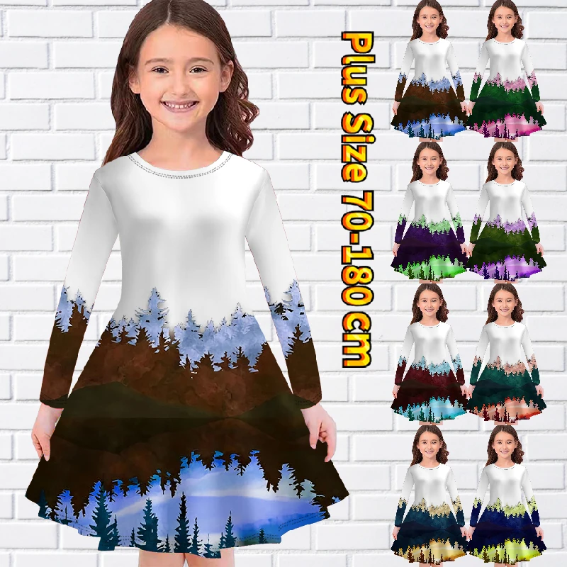 

Autumn and Winter Little Girl Loose Size Knee Skirt Stitching Print Midi Skirt Round Neck Long Sleeve Skirt Girl Princess Skirt