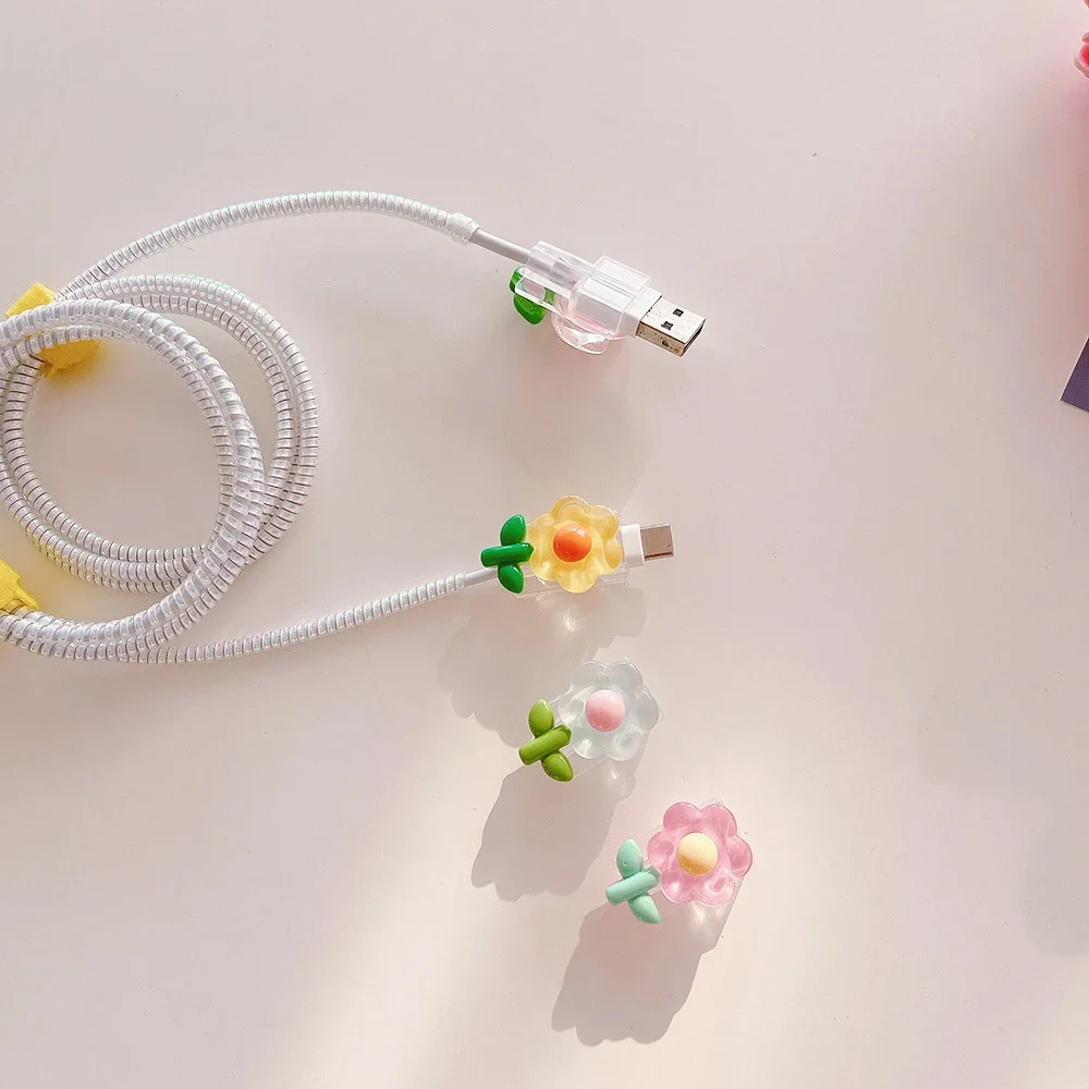 Ins Flowers Cable Protector USB Charger Data Line Wire Cord Case for IPhone Android Office Desk Organizer