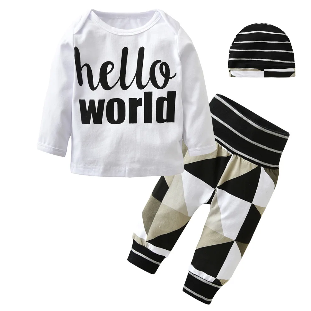 Новейший комплект одежды для маленьких мальчиков топ с надписью Hello world + штаны