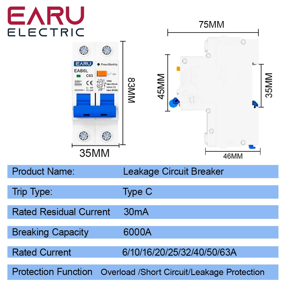 2P AC230V MCB Leakage Protector RCBO Overload Short Circuit Protection 2P 30mA Residual Current Circuit Breaker Switch RCCB RCD