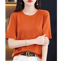 2024 New Ice Silk Knit T-Shirt Short Sleeve Top Women's Summer Round Neck Loose Plus Size Wear Cutout Half Sleeve Top 3