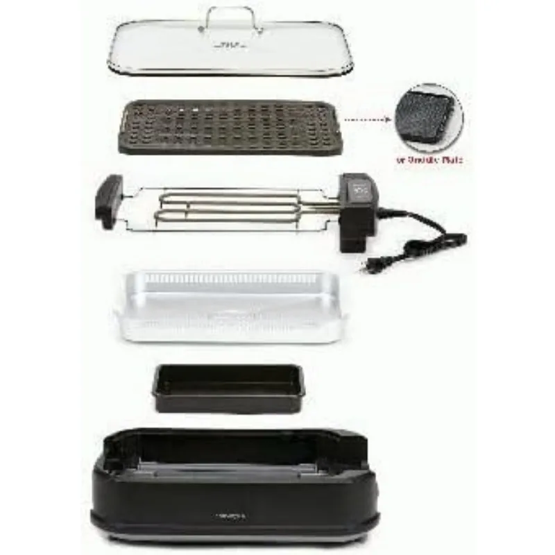 Smokeless Grill Family Size- with Tempered Glass Lid with Interchangeable Grill and Griddle Plate 22.1” X13.2” X 6.1 6
