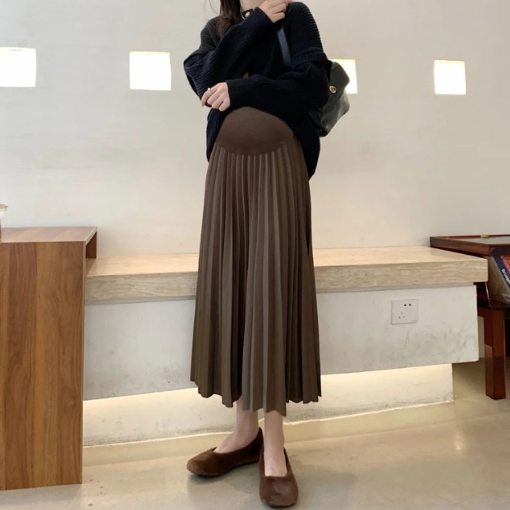 Spring Autumn Knitted Maternity Long Skirts Elastic Waist Belly A Line Swing Clothes for Pregnant Women Casual Pregnancy