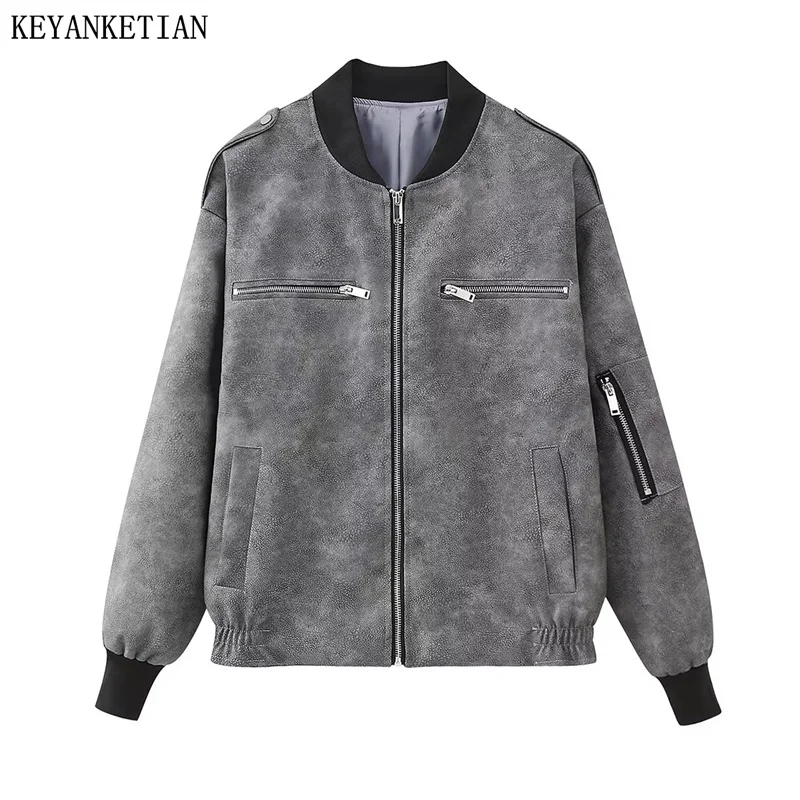 

Куртка KEYANKETIAN женская из искусственной кожи, Короткая Повседневная кожаная модная свободная серая куртка на молнии, Осень-зима