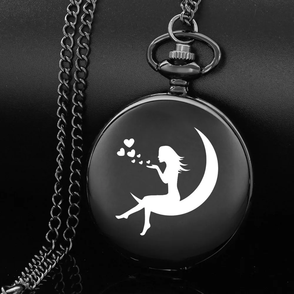 

Retro Moon Girl Angel Engraved Pocket Watch, Roman Numerals Pocket Watch Women's Pendant Necklace Watches Unique Kids Girl Gifts