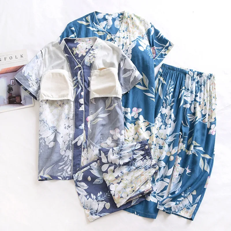 

summer new women's pajamas thin short-sleeved calf-length large floral print pajamas home service ladies pajamas with chest pad