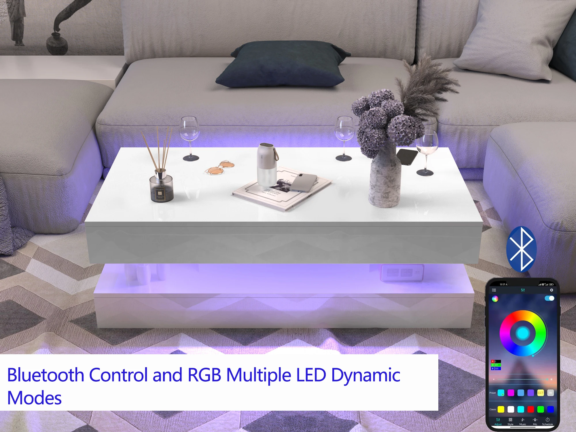 47.3IN High Glossy LED Coffee Table,Modern Center Table with 2 Storage Drawers for Living Room 3