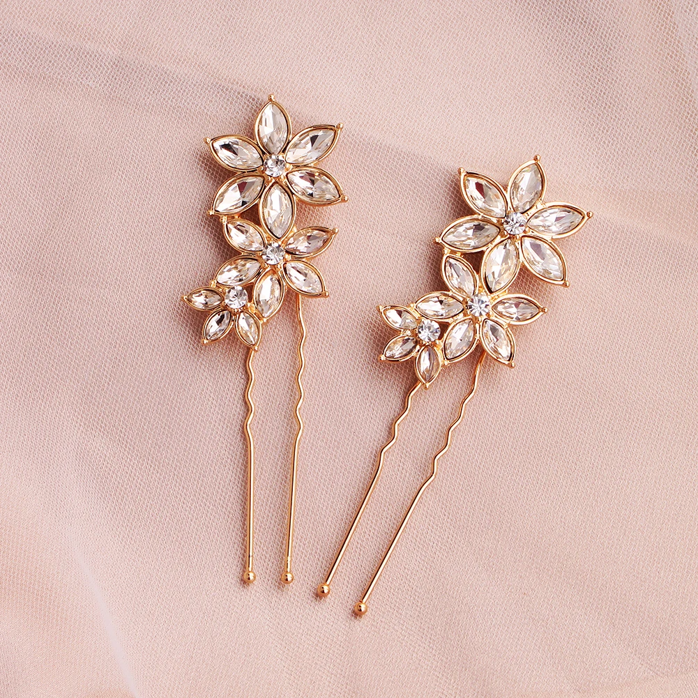 Mode Gold Blumen Hochzeit Haarnadeln Braut Haarschmuck Zubehör Frauen Strass Haarspangen Kopfschmuck – Detail 3
