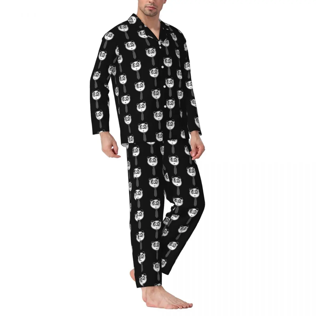 

Panda Nerd Pajama Set Black and White Trendy Sleepwear Man Long Sleeve Casual Sleep 2 Pieces Nightwear Plus Size