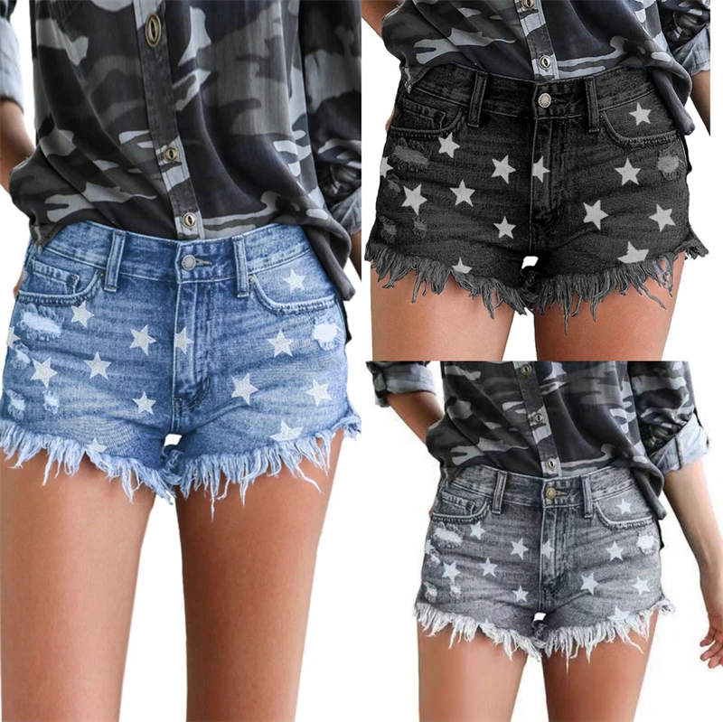 

Summer Fashion Women's Clothing July 4th American Independence Day All-match Girl Maid Black Denim Shorts Lady Tassel Jeans