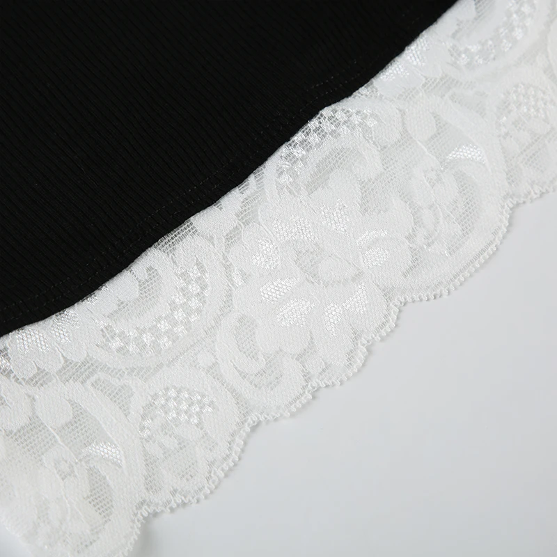 Contrast Lace Patchwork Cute Y2K Slim Long Sleeve Black T-Shirts Women Button Up V Neck Basic Spring Autumn Tee
