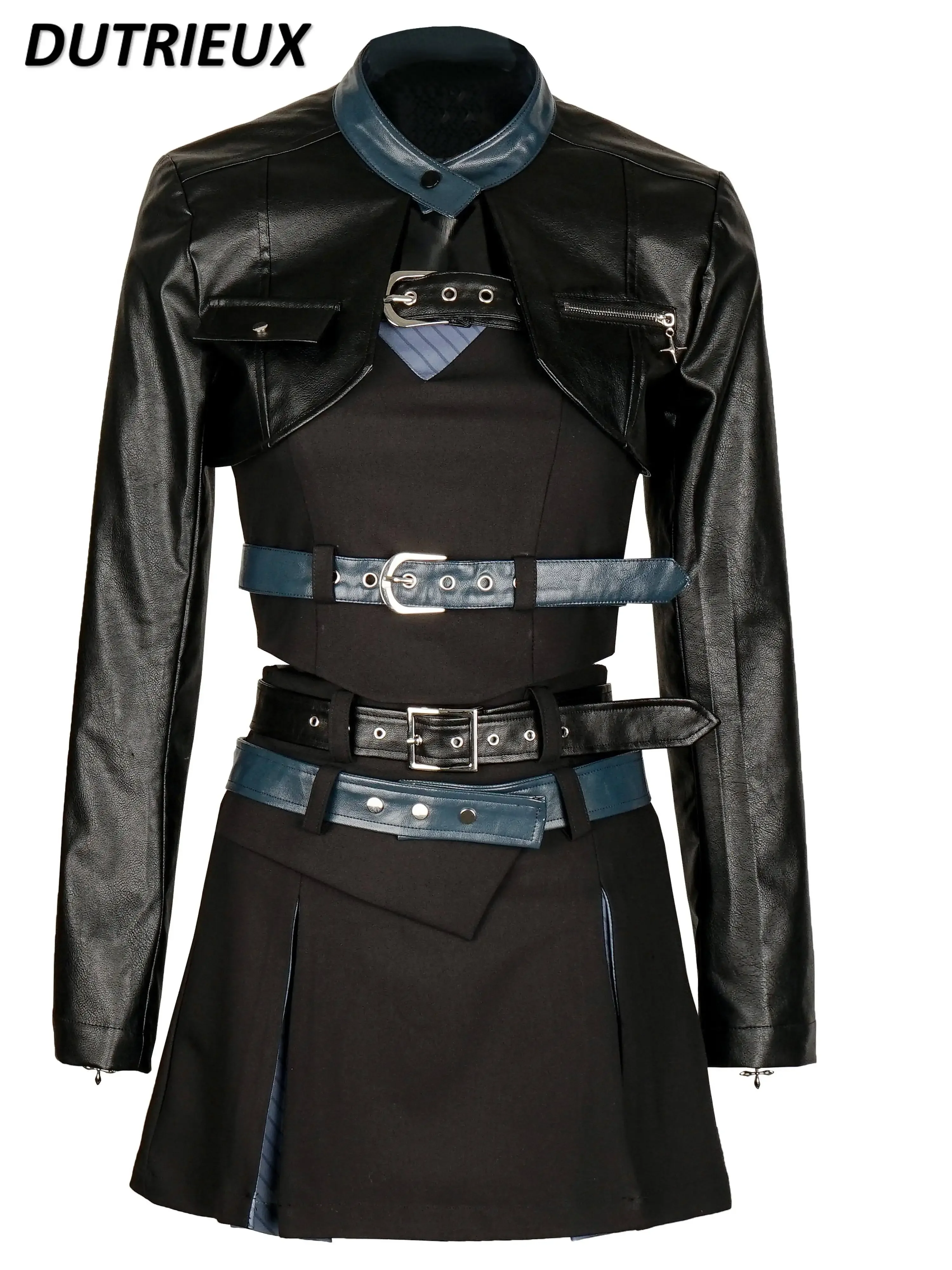 Motorcycle Style Cute Girl Leather Short Coat Spring Summer Special Design Suit Slim Fit Slimming Spaghetti Straps Top and Skirt
