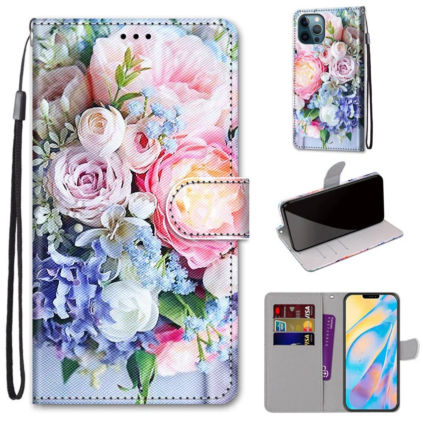 Fashion Flip Book Case For Samsung Galaxy S23 FE S24 Ultra Plus A05 A05S A14 A15 4G 5G Animal Flowers Wolf Cat Dog on Cover