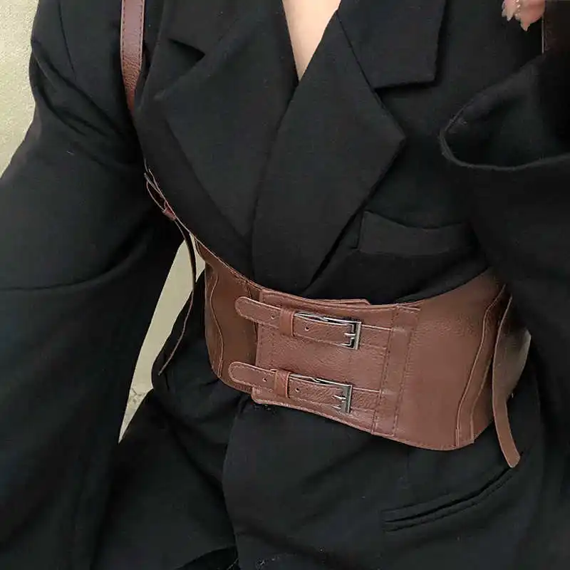 Women's wide waist belt stylish and luxurious retro design versatile waist cincher decorative black leather belt