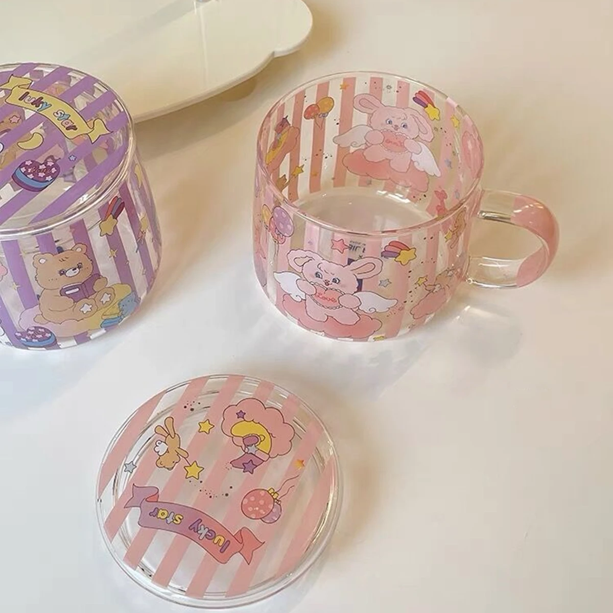 

Pink Heat-Resistant with Handle Glass Mug Breakfast Milk Cup Cute Office Home Coffee Mugs Cartoon Pattern Drinkware