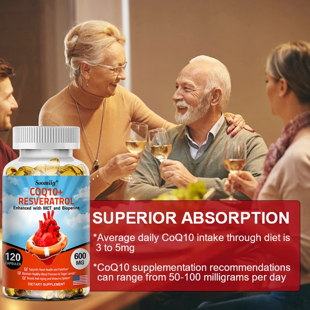 Soomiig 120 Capsules CoQ10 + Resveratrol Capsules Supplement, Support Energy, Vitamins, Heart Health and Blood Pressure Levels